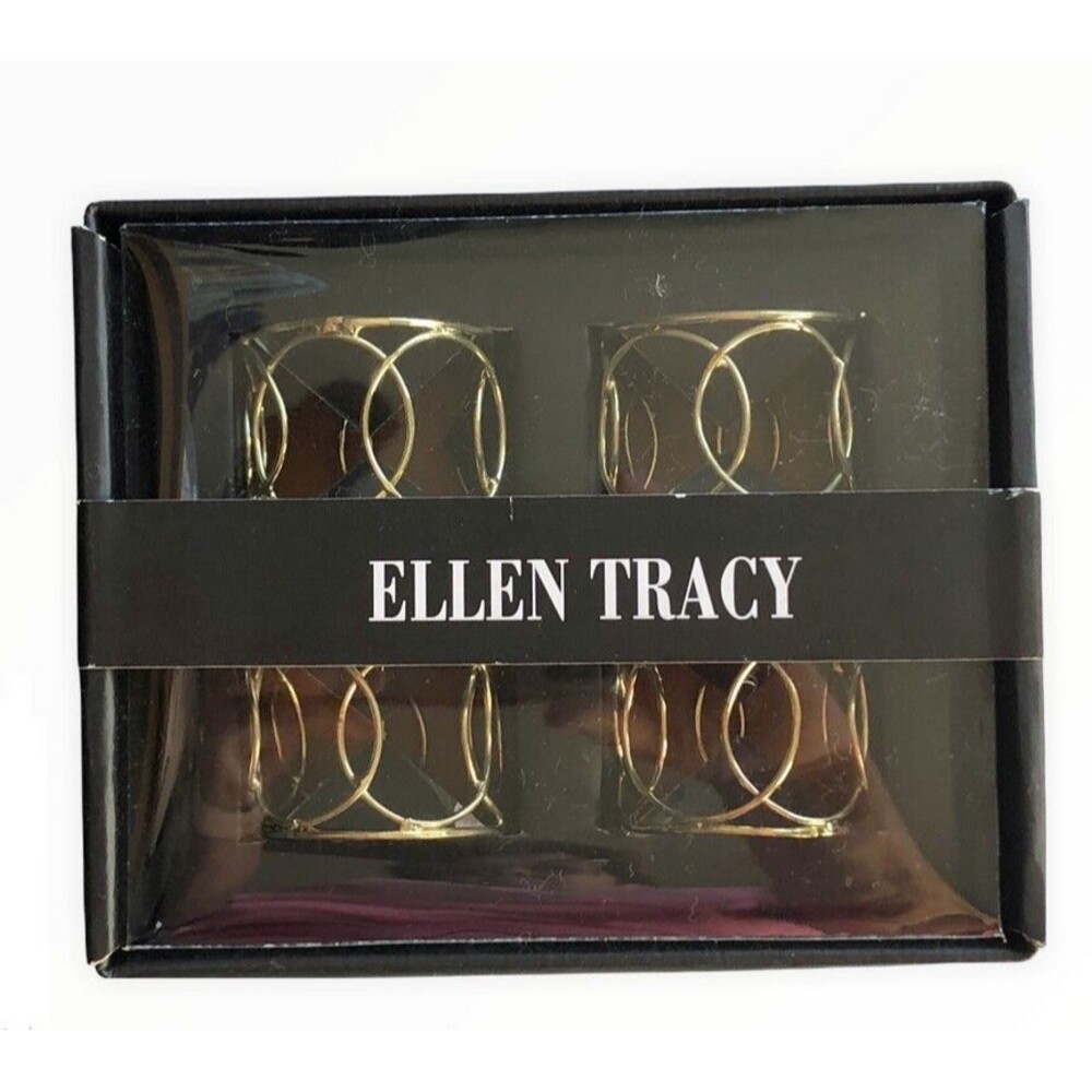 Ellen Tracy Napkin Rings Gold Circles Wire Cage Christmas Thanksgiving Set of 4